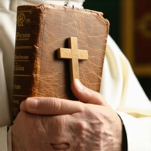 A Catholic priest holding a prayer book and cross for an official deliverance ritual.