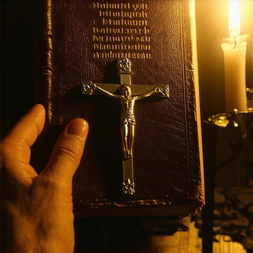 A priest holding a leather-bound book of exorcism prayers and a crucifix.