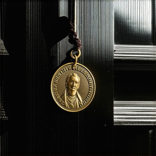 A metal Benedictine medal placed on a wooden door frame for spiritual household protection.