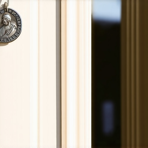 A Saint Benedict medal placed above a door for spiritual protection.