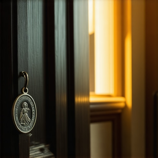 A blessed Benedictine medal hanging on a wooden door for spiritual protection