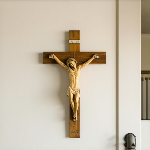 Blessed Crucifix for Spiritual Protection A blessed wooden crucifix hanging above a doorway in a home to provide spiritual shielding.