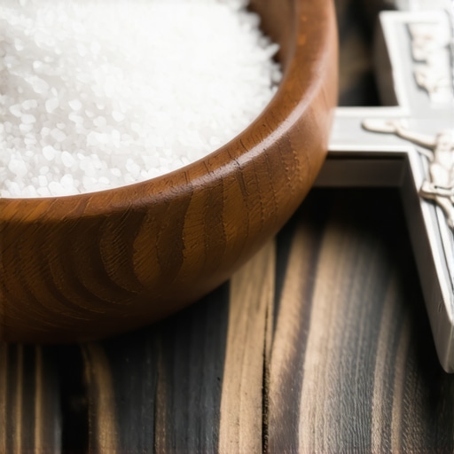 A bowl of blessed salt and a silver crucifix on a wooden table used for spiritual protection in a home.