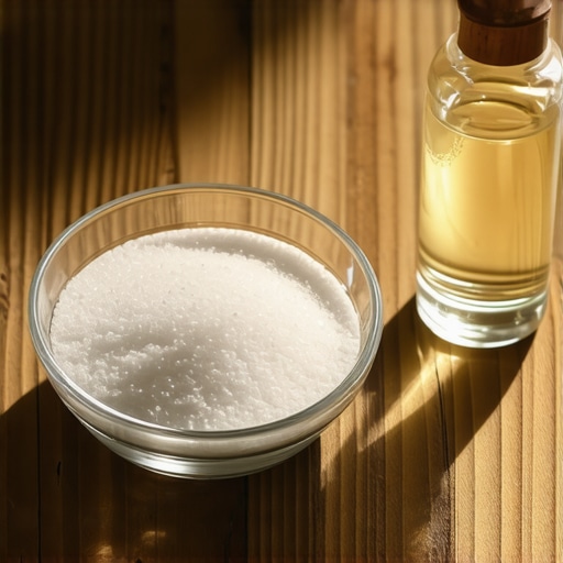 A bowl of blessed salt and a bottle of holy water used for spiritual protection in a home.