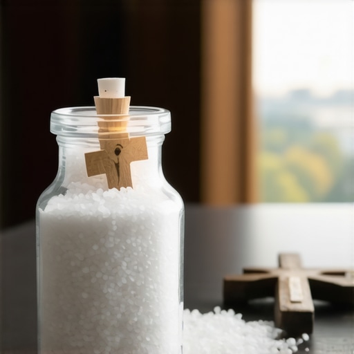 Blessed Salt for Spiritual Protection in DC A jar of blessed salt and a crucifix used for spiritual protection in a Virginia home.