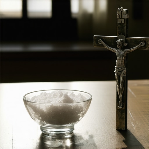 A small bowl of blessed salt and a silver crucifix on a wooden table used for home spiritual defense.