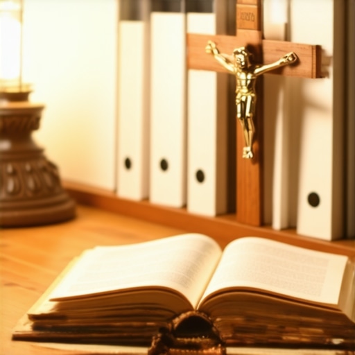 Catholic Exorcism Investigation Materials Priest's desk showing the balance between spiritual ritual books and medical investigation files.