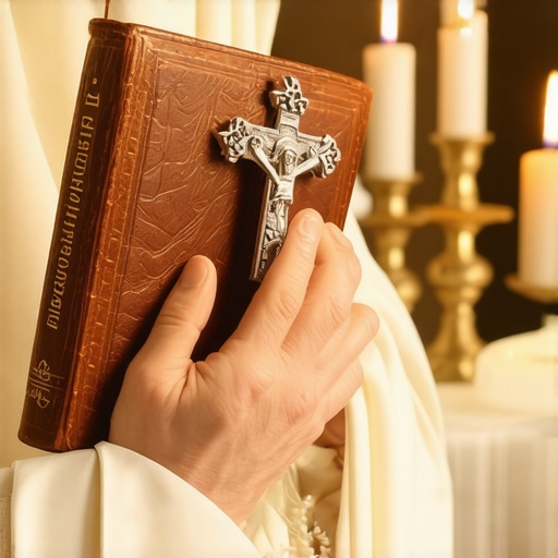 Close up of a priest's hands holding a crucifix and a Latin ritual book for spiritual liberation.