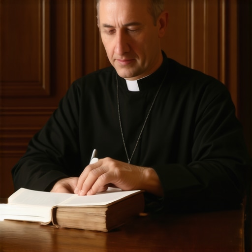 A priest reviewing documentation for a spiritual deliverance investigation in Virginia