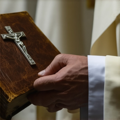 A Catholic priest in Virginia holding the Roman Ritual and a crucifix for a deliverance session.