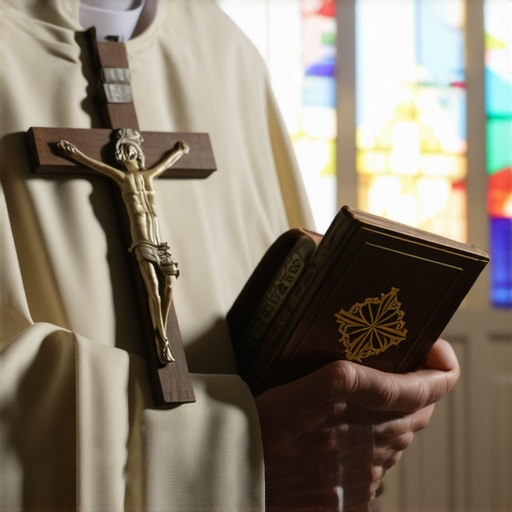 A priest holding a crucifix and prayer book for an official exorcism process in Virginia.