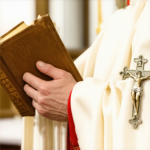 A priest holding the Roman Ritual and a crucifix for a catholic ritual exorcism.