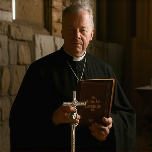 A Catholic priest holding the Roman Ritual and a crucifix for an official deliverance ceremony in Virginia.