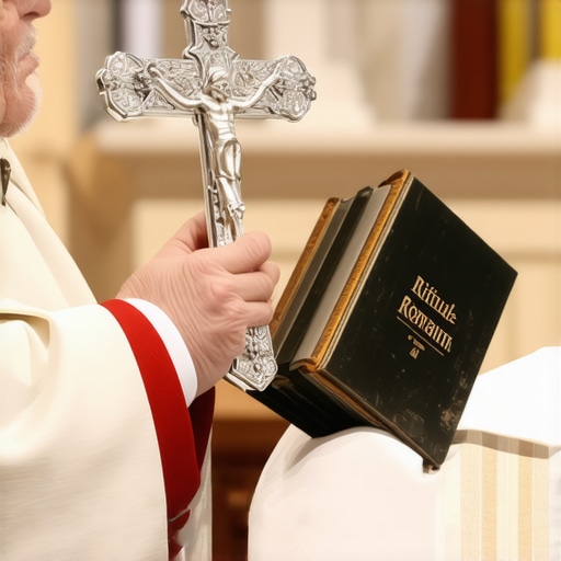 A priest holding a crucifix and ritual book for a Catholic exorcism in Washington DC.