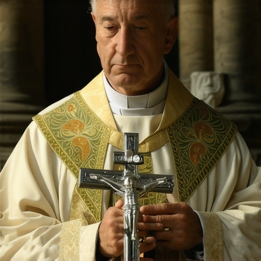 A Catholic priest in Washington DC preparing for a spiritual deliverance prayer session with a crucifix and prayer book.