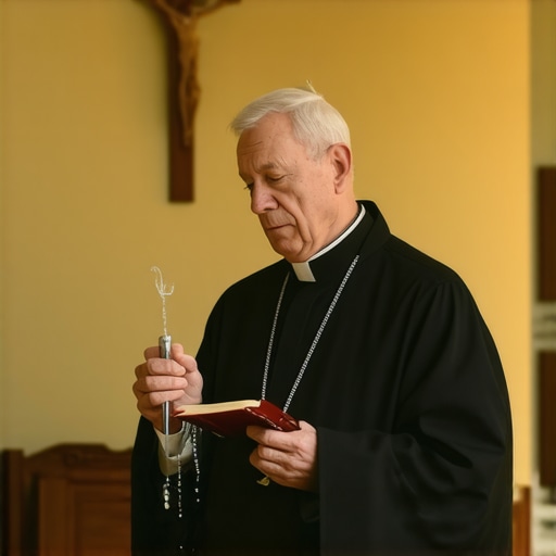 A Catholic priest preparing to perform a spiritual deliverance ritual in a home.