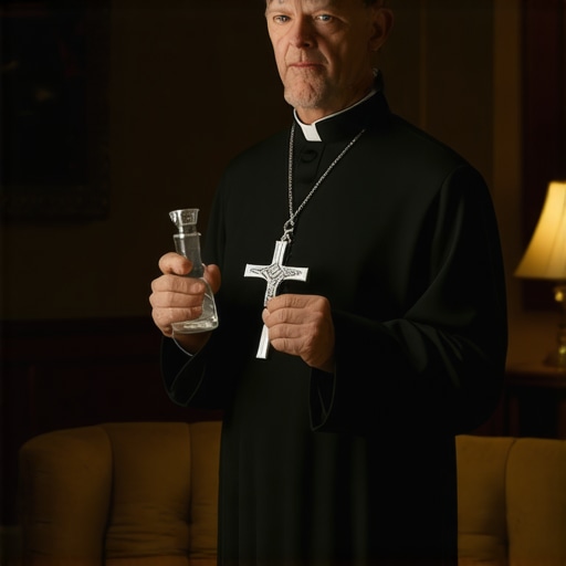 A Virginia priest holding a crucifix and holy water for spiritual deliverance and house investigation.