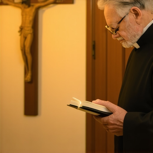 A priest carefully evaluating medical and spiritual documentation for an exorcism case in Virginia.