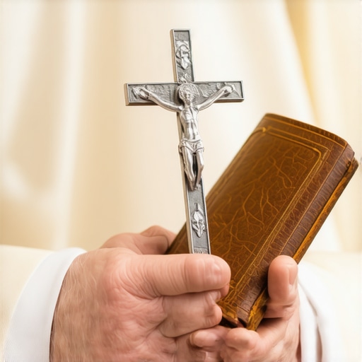 A Catholic priest holding a crucifix and a liturgical ritual book during a spiritual consultation.