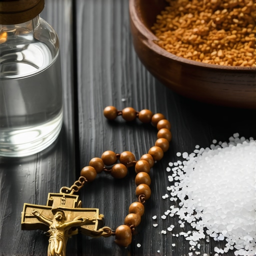 A collection of spiritual tools including holy water, blessed salt, and a wooden rosary for home protection and deliverance.