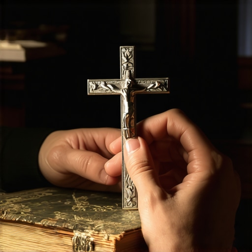 Close-up of a Catholic prayer book and crucifix used in spiritual deliverance.