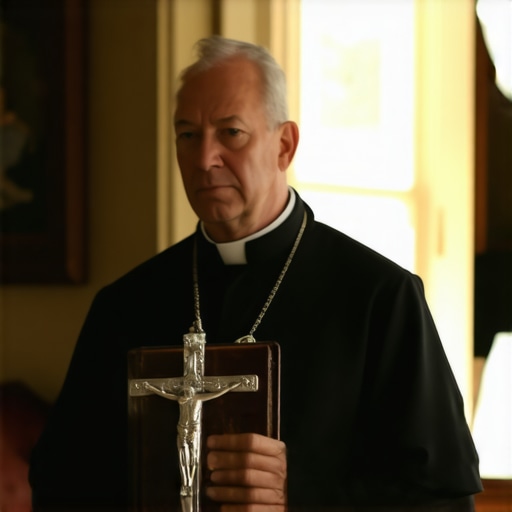 A priest holding a crucifix and prayer book in a historic home during a deliverance ritual.