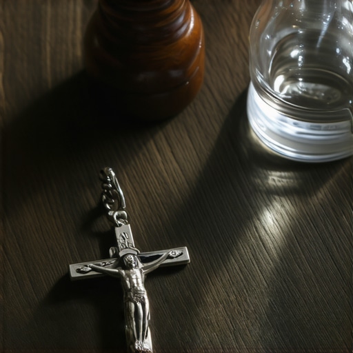 Sacramentals including a St. Benedict medal and holy water on a table