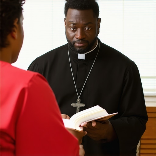 A Catholic priest and a doctor reviewing medical files for spiritual discernment