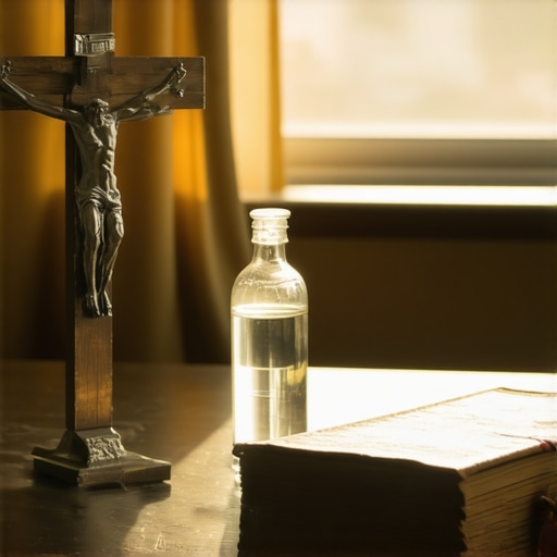 A home prayer corner with a crucifix and holy water used for maintaining spiritual peace in a DC residence.