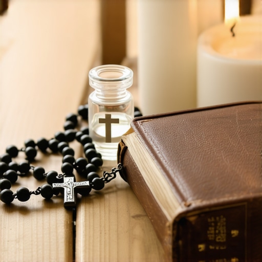 A collection of spiritual tools including a rosary, holy water, and a prayer book on a table.