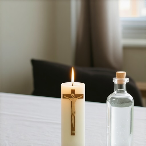 A home altar with a crucifix and holy water used for maintaining spiritual peace in a Virginia household.