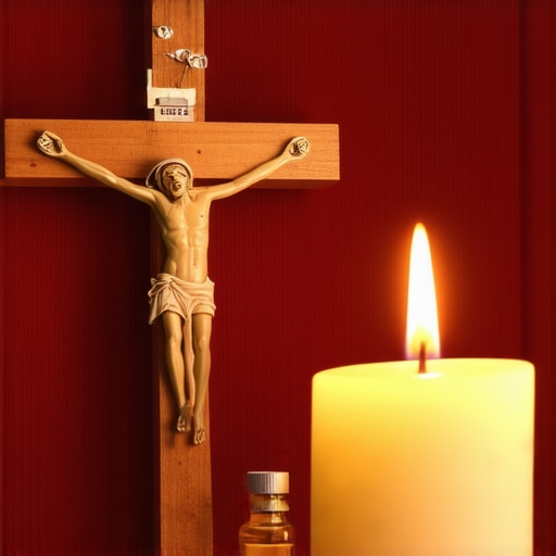 A home altar featuring a crucifix and blessed oil for spiritual protection
