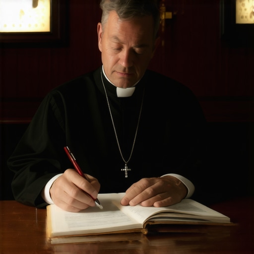 A Virginia priest carefully reviewing medical files and documentation for a potential exorcism case in a dark office.