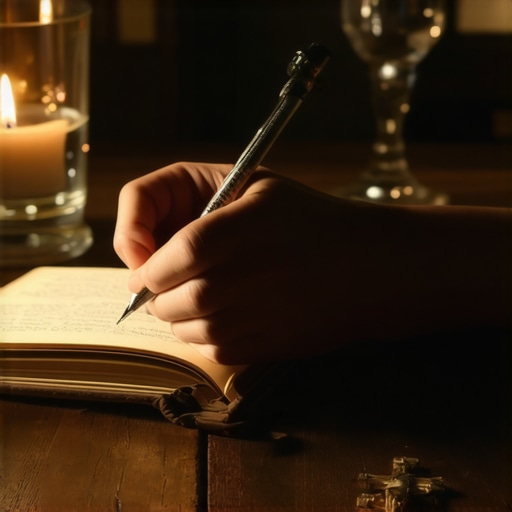 A hand writing spiritual observations in a journal by candlelight.