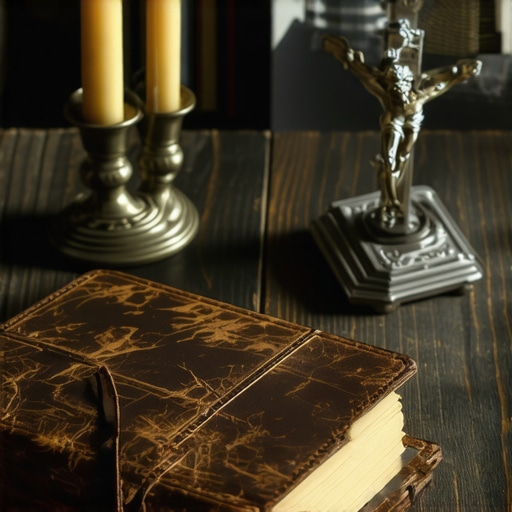 A hand documenting spiritual experiences in a journal next to a crucifix and candle for a priest's review.