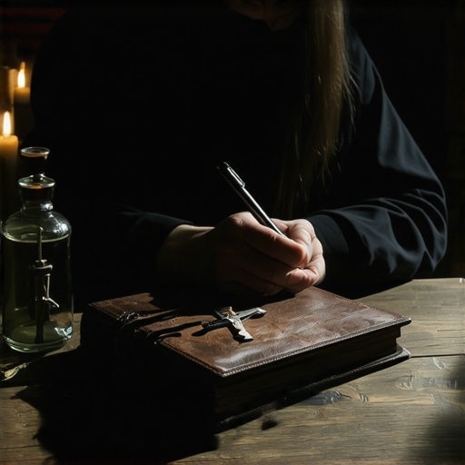 A person writing in a journal next to a crucifix and holy water to document spiritual activity.