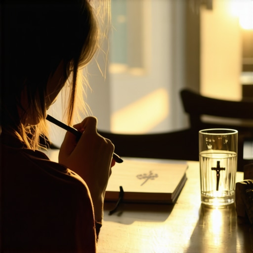 A person writing in a journal near a crucifix to document spiritual activity for a priest.
