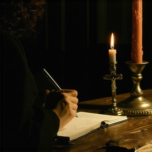 A person writing in a spiritual log to document unexplained activity for a priest's investigation.
