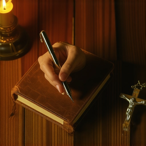 A person logging unexplained events in a journal next to a crucifix.
