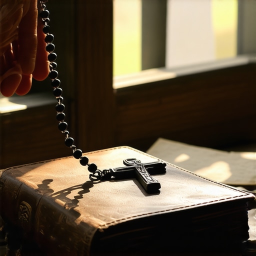 A hand holding a rosary next to a journal used for documenting spiritual experiences.