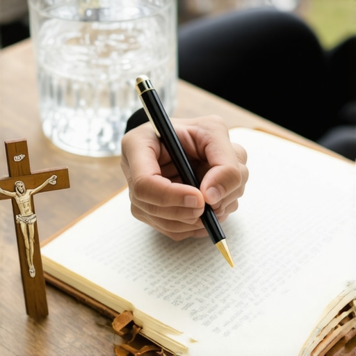 A hand writing in a journal next to a crucifix to document spiritual disturbances.