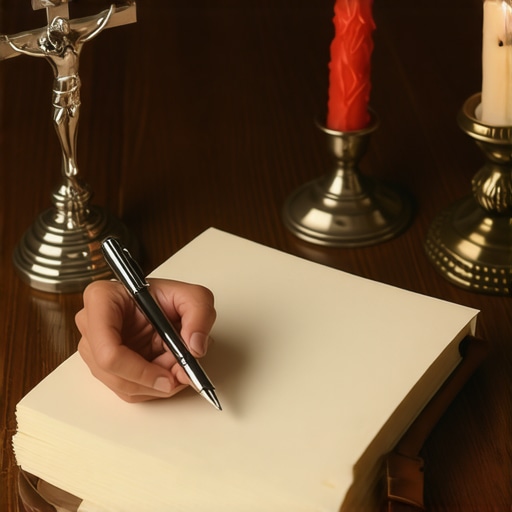 A hand writing in a journal next to a crucifix, representing the documentation phase of a deliverance case.