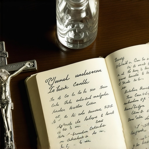 A journal, crucifix, and holy water representing the documentation process for an exorcism request.