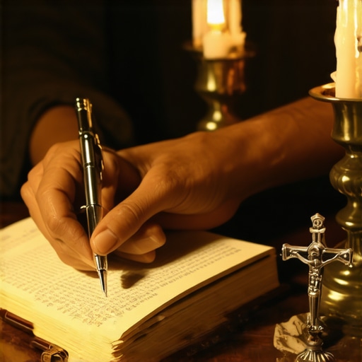 Hands writing in a journal next to a crucifix to document spiritual activity.