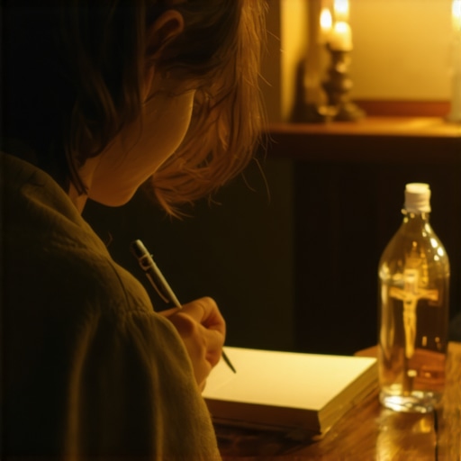 A spiritual journal being written next to a crucifix and holy water for documentation of house activity.