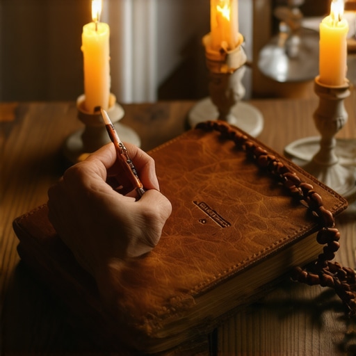 A hand writing spiritual observations in a journal next to a rosary
