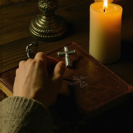 A person documenting spiritual warfare experiences in a journal next to a crucifix.