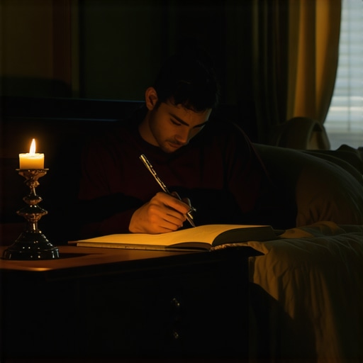 A person documenting unexplained events in a journal next to a crucifix in a bedroom.