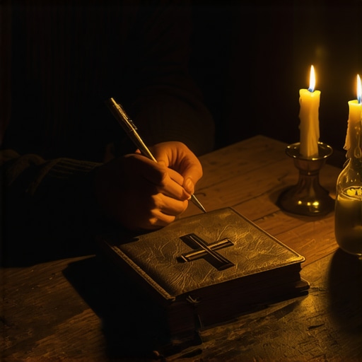 A person logging spiritual disturbances in a journal with a crucifix nearby.