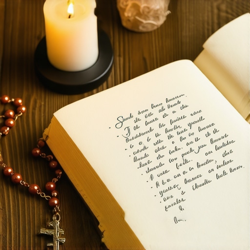 Handwritten spiritual journal next to a rosary and candle